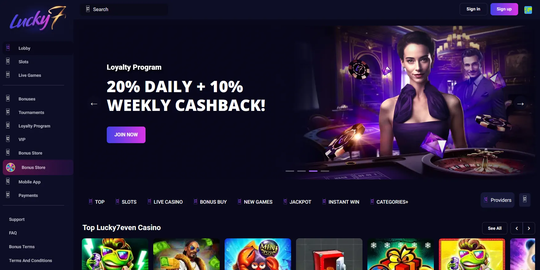Lucky7even Casino desktop experience